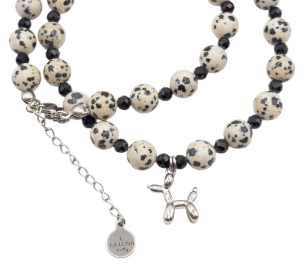 Naszyjnik zawieszka pies balon Jaspis Dalmatyński & Czarny Turmalin SILVER DALMATIAN
